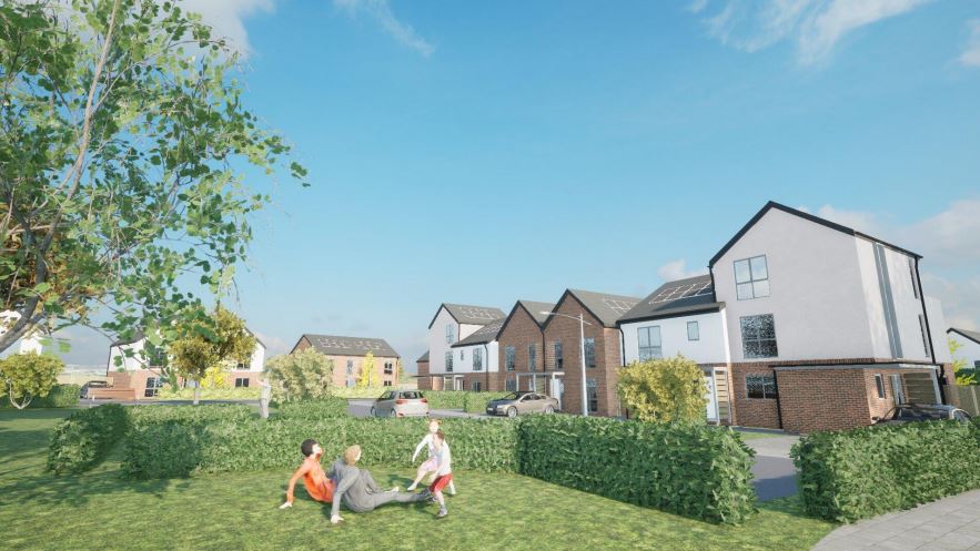 Artist impression of the new estate in Bodelwyddan with people enjoying the green spaces.